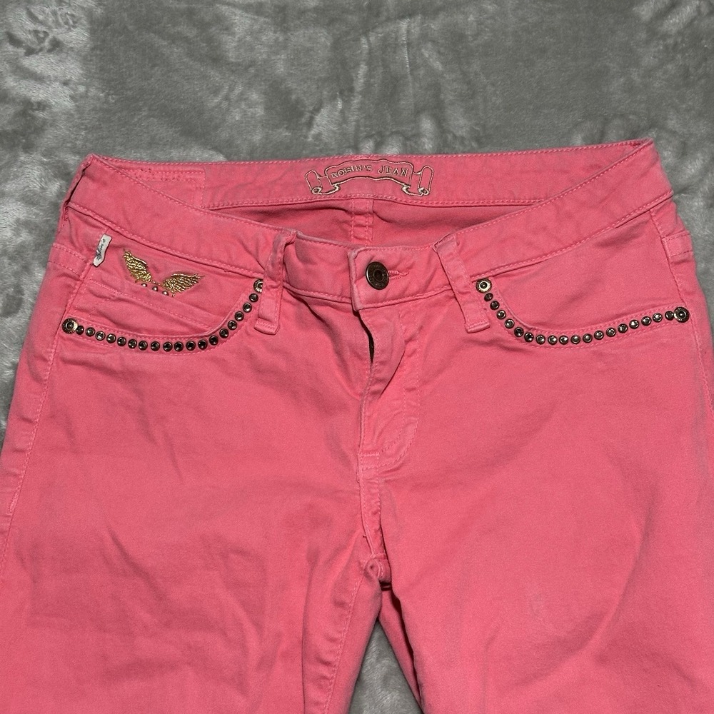 Y2K Robins Marilyn Low Rise Jeans Womens 29 Pink Embroidered Bejeweled Bimbocore - Picture 9 of 14